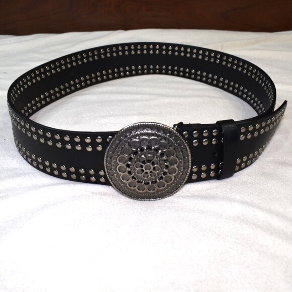 Black Studded Lambskin Leather Wide Belt Round Buckle Women’s XL - Picture 2 of 10